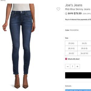 Joe's Mid Rise Skinny Jeans Size 28
